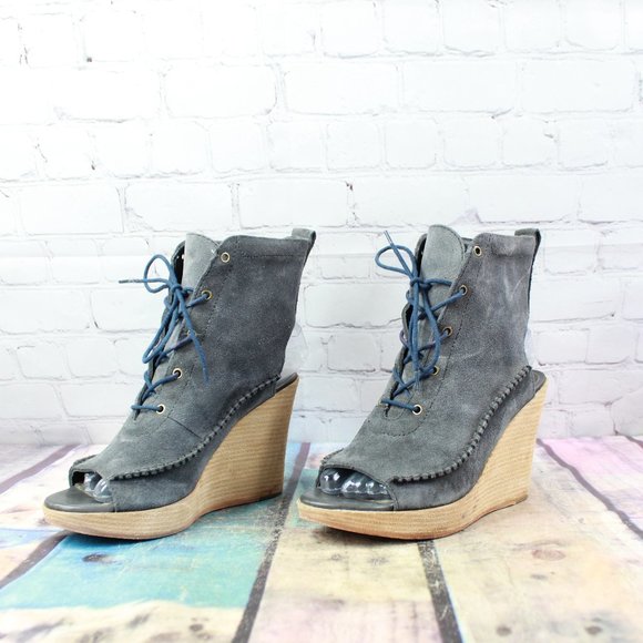 LL Bean Black Suede Peep Toe Lace Up Wedge Heel Booties Size 7 M - Picture 2 of 9